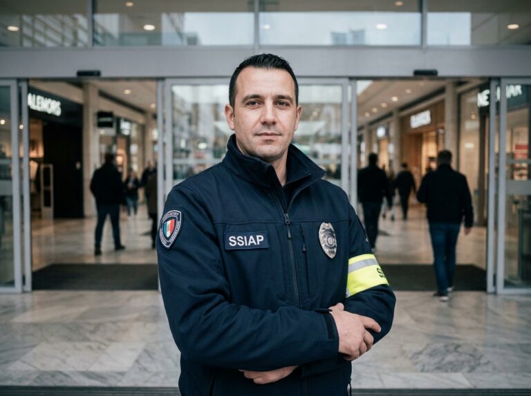 Agent de sécurité SSIAP 1 en uniforme professionnel devant l'entrée d'un centre commercial