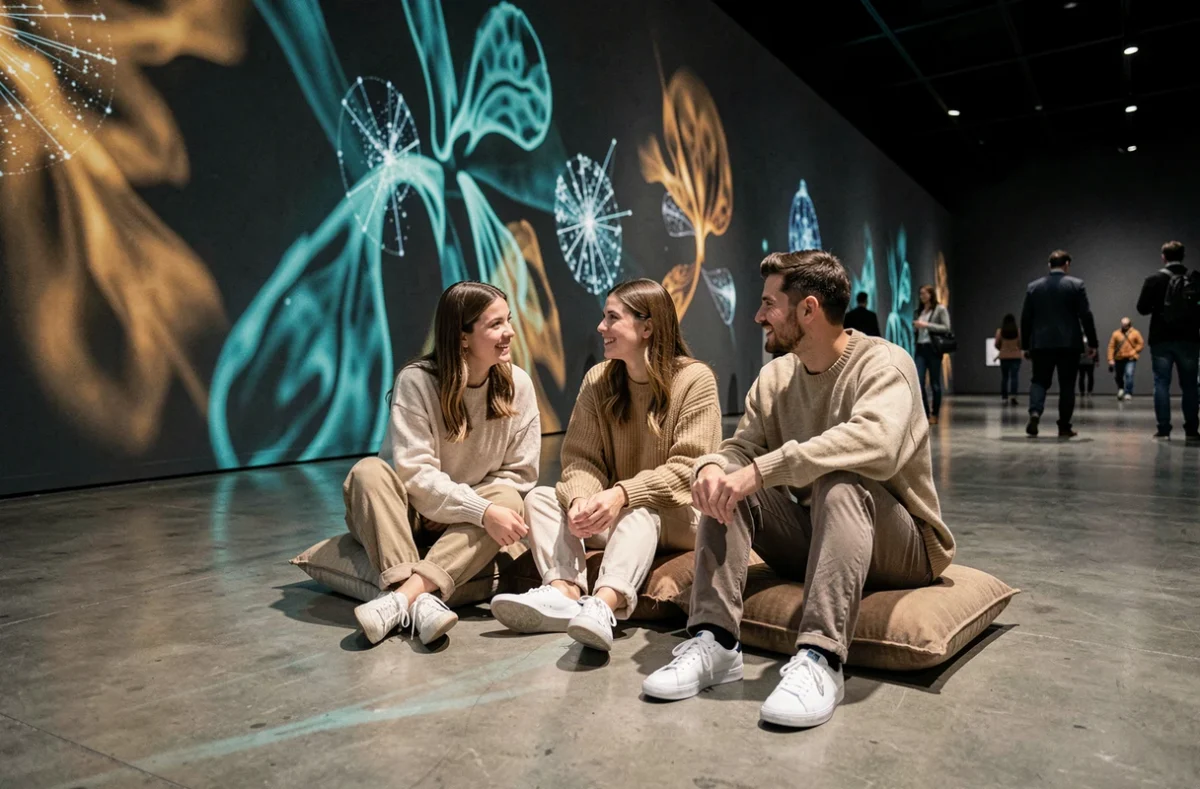 Groupe d'amis découvrant une installation artistique interactive lors d'une exposition culturelle immersive