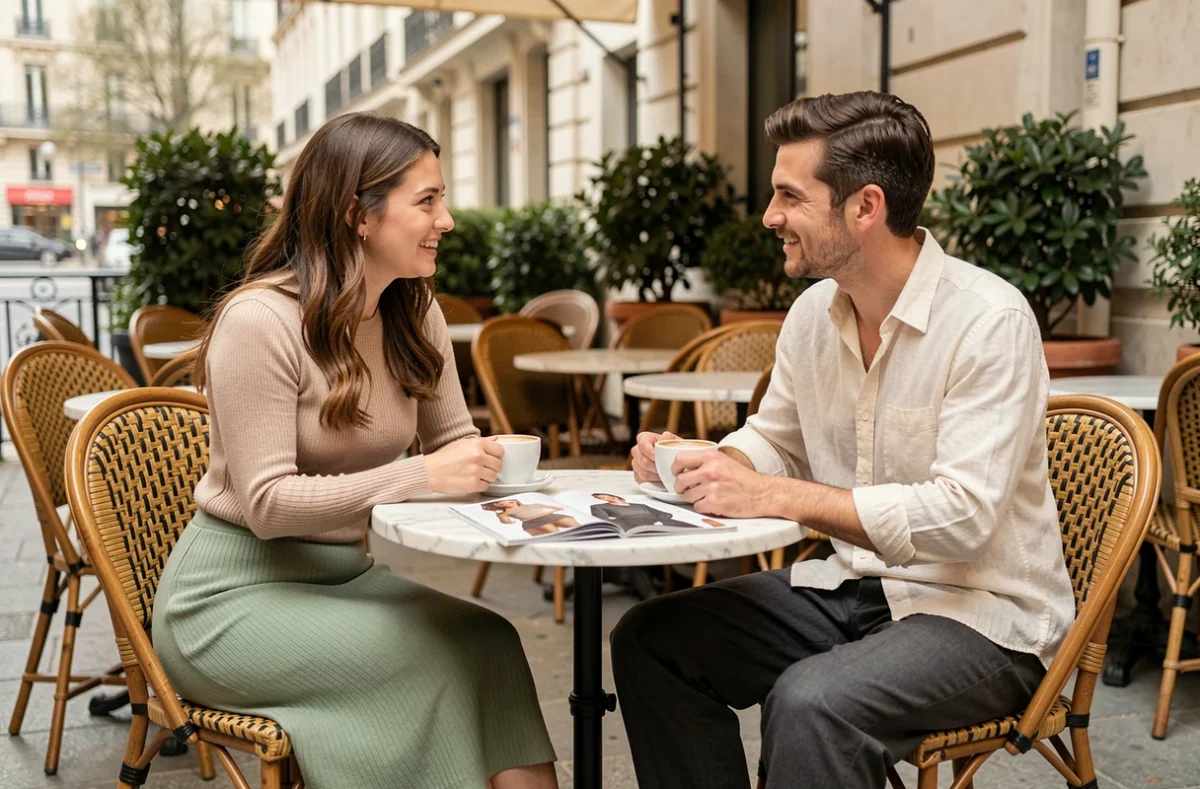 Deux amis tendance discutant mode autour d'un café sur une terrasse parisienne branchée