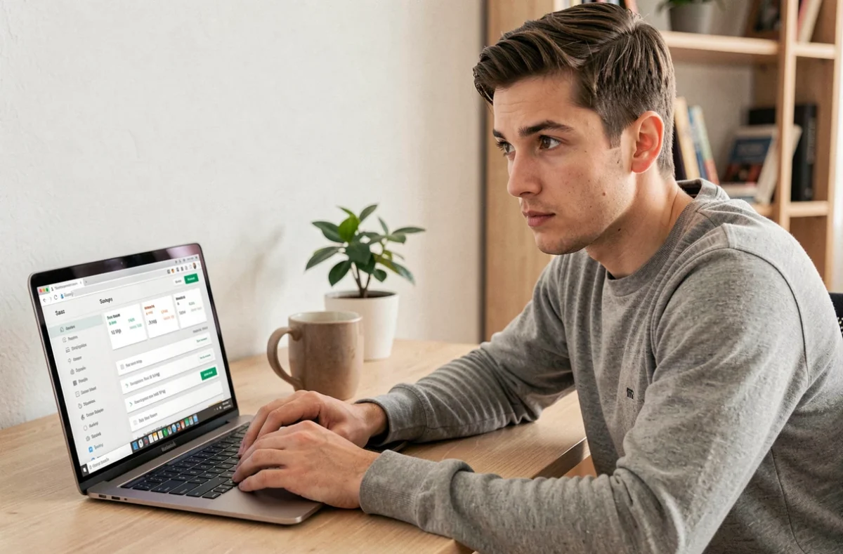 Jeune homme analysant les offres tarifaires d'un outil IA depuis son bureau à domicile, comparant les niveaux de service client disponibles