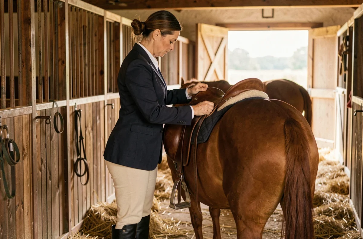 Cavalière ajustant une selle en cuir brun sur un cheval alezan dans une écurie en bois, équipement équestre de qualité