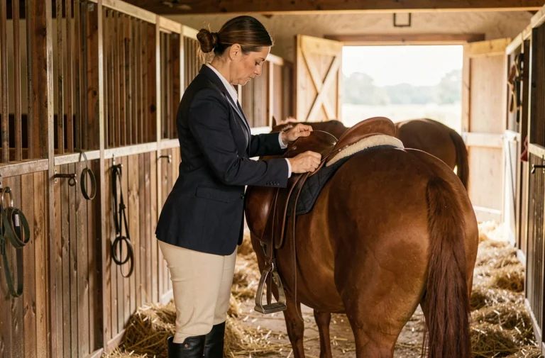 Cavalière ajustant une selle en cuir brun sur un cheval alezan dans une écurie en bois, équipement équestre de qualité