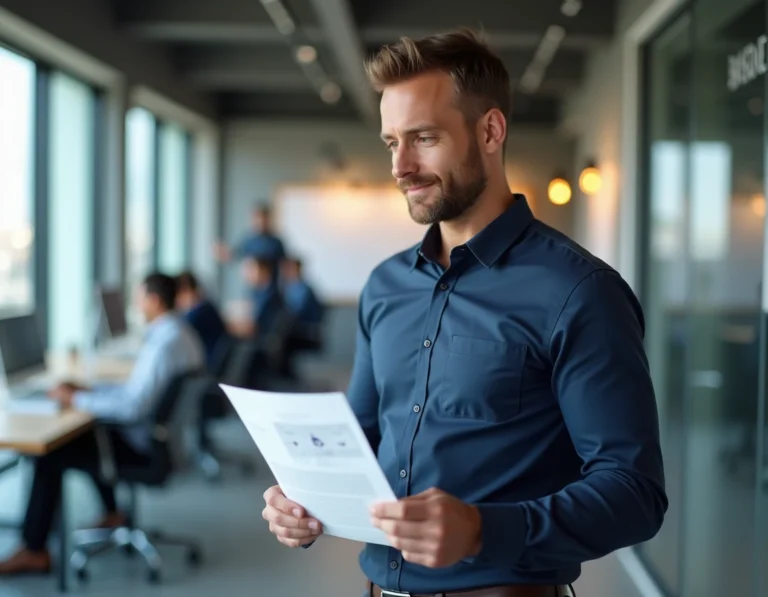 Un professionnel tenant un document de rebranding dans un bureau moderne, illustrant le changement de nom d'une entreprise en 2025
