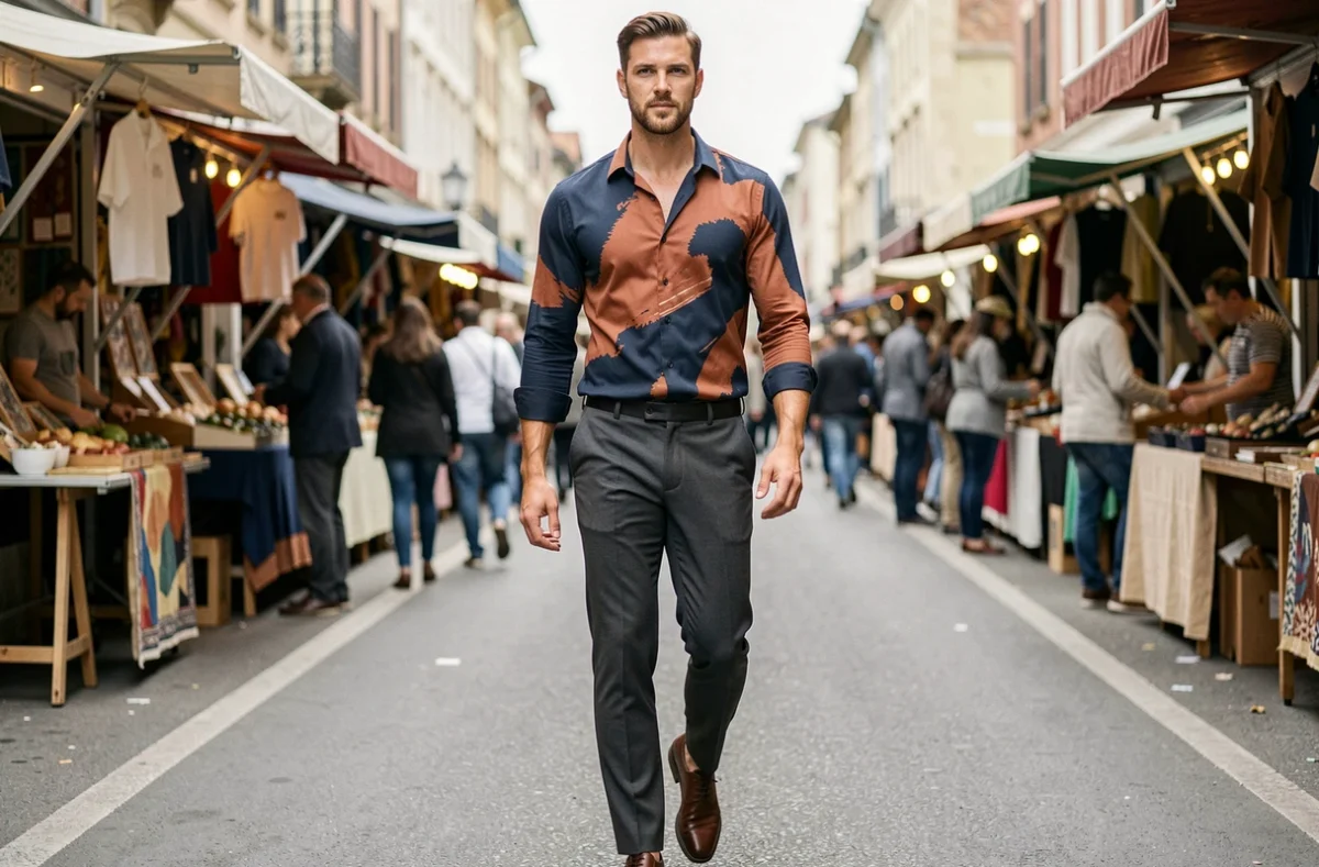 Homme grand en chemise imprimée abstraite bleue et terracotta marchant dans un marché artisanal