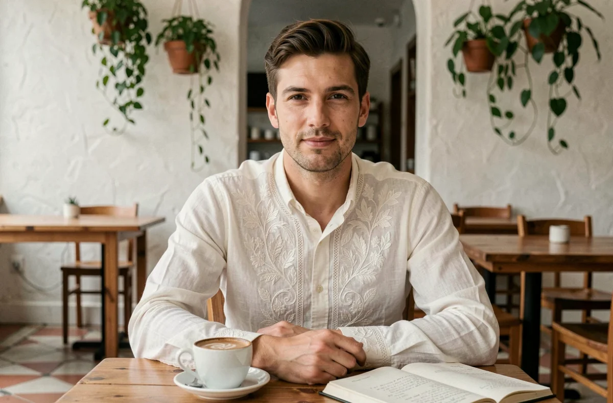 Homme décontracté en chemise en lin brodée assis dans un café avec carnet et café