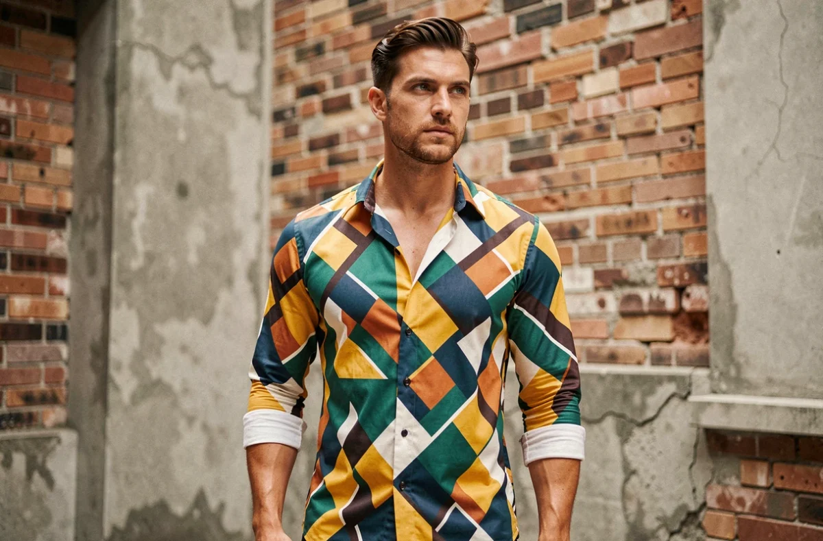 Homme élégant portant une chemise à motif géométrique coloré dans une cour urbaine en briques