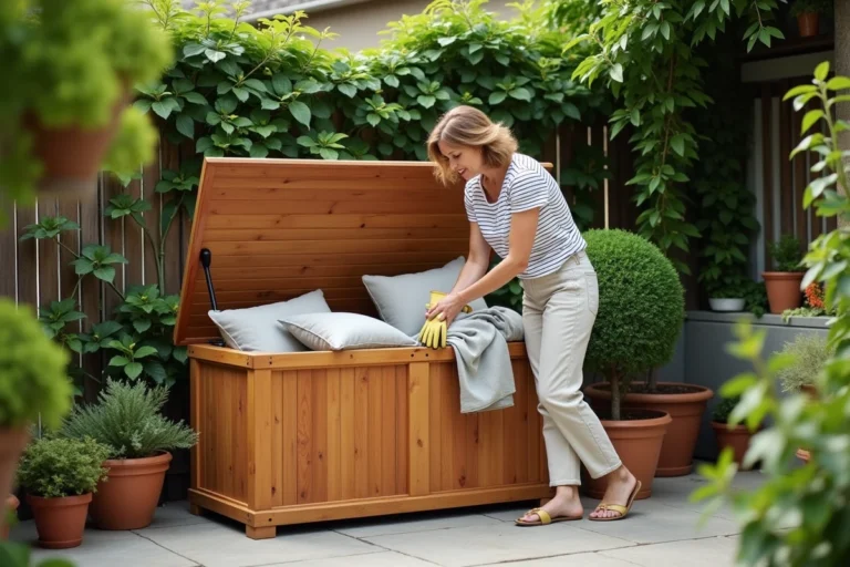 Femme rangeant des coussins et outils de jardin dans un grand coffre de jardin en bois sur une terrasse en pierre