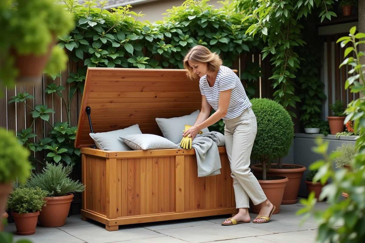 Femme rangeant des coussins et outils de jardin dans un grand coffre de jardin en bois sur une terrasse en pierre