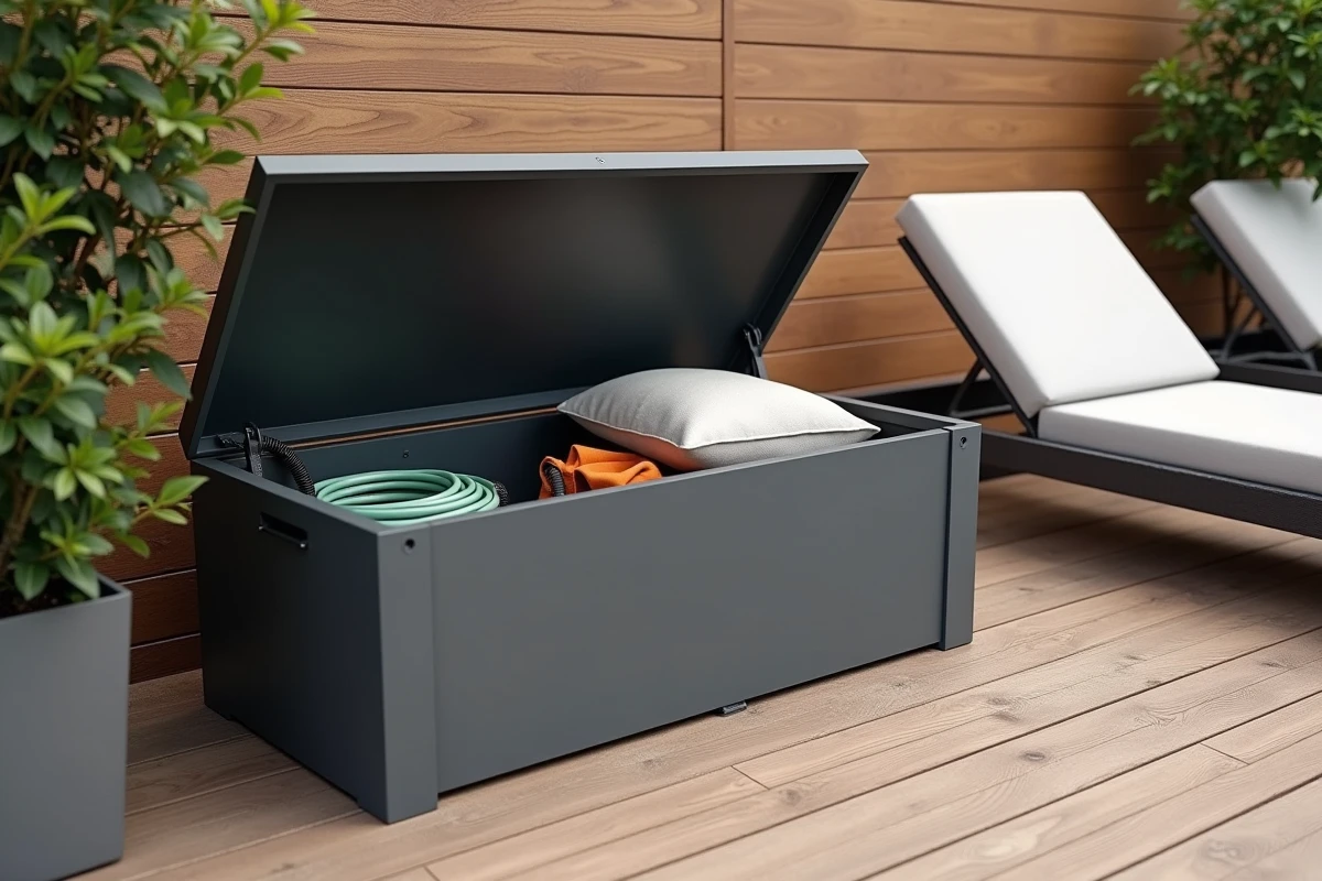 Coffre de jardin en résine anthracite ouvert sur une terrasse moderne avec rangement de coussins et tuyau d'arrosage