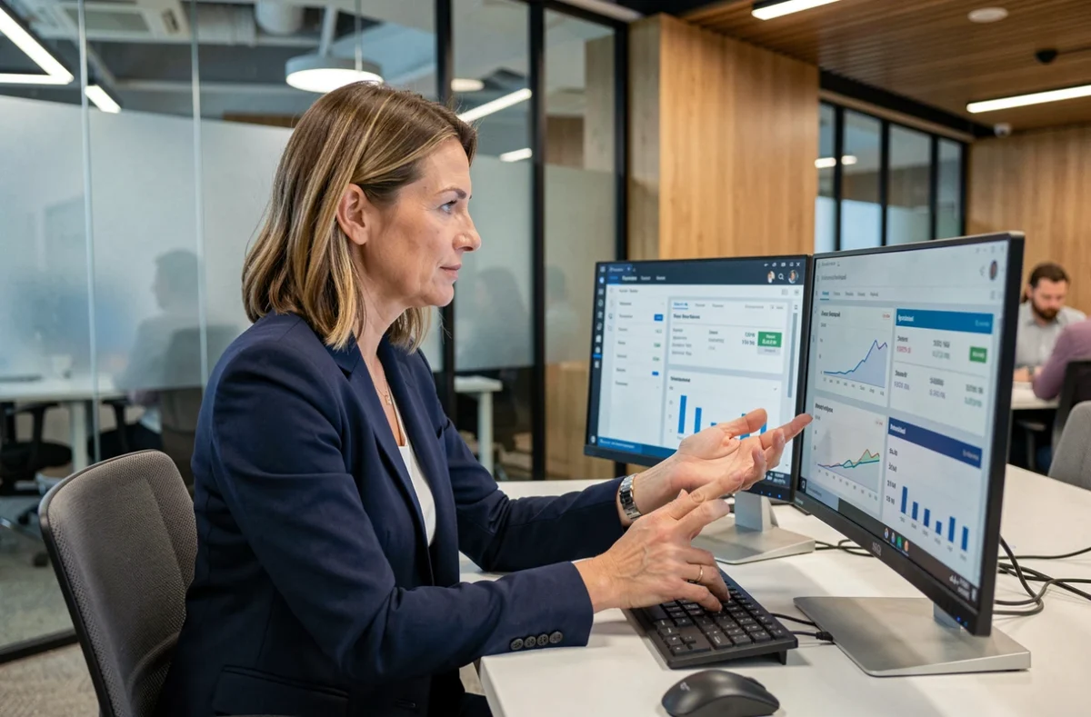 Femme professionnelle comparant des outils IA sur deux écrans dans un bureau moderne, évaluant les services clients selon les tarifs