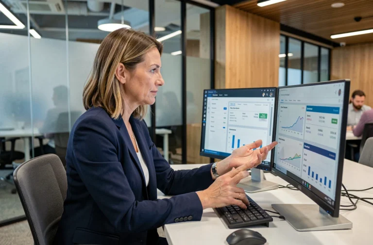 Femme professionnelle comparant des outils IA sur deux écrans dans un bureau moderne, évaluant les services clients selon les tarifs