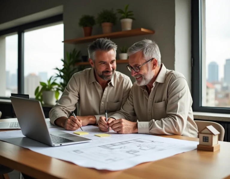 Couple examinant des plans immobiliers sur une table en bois dans un appartement contemporain