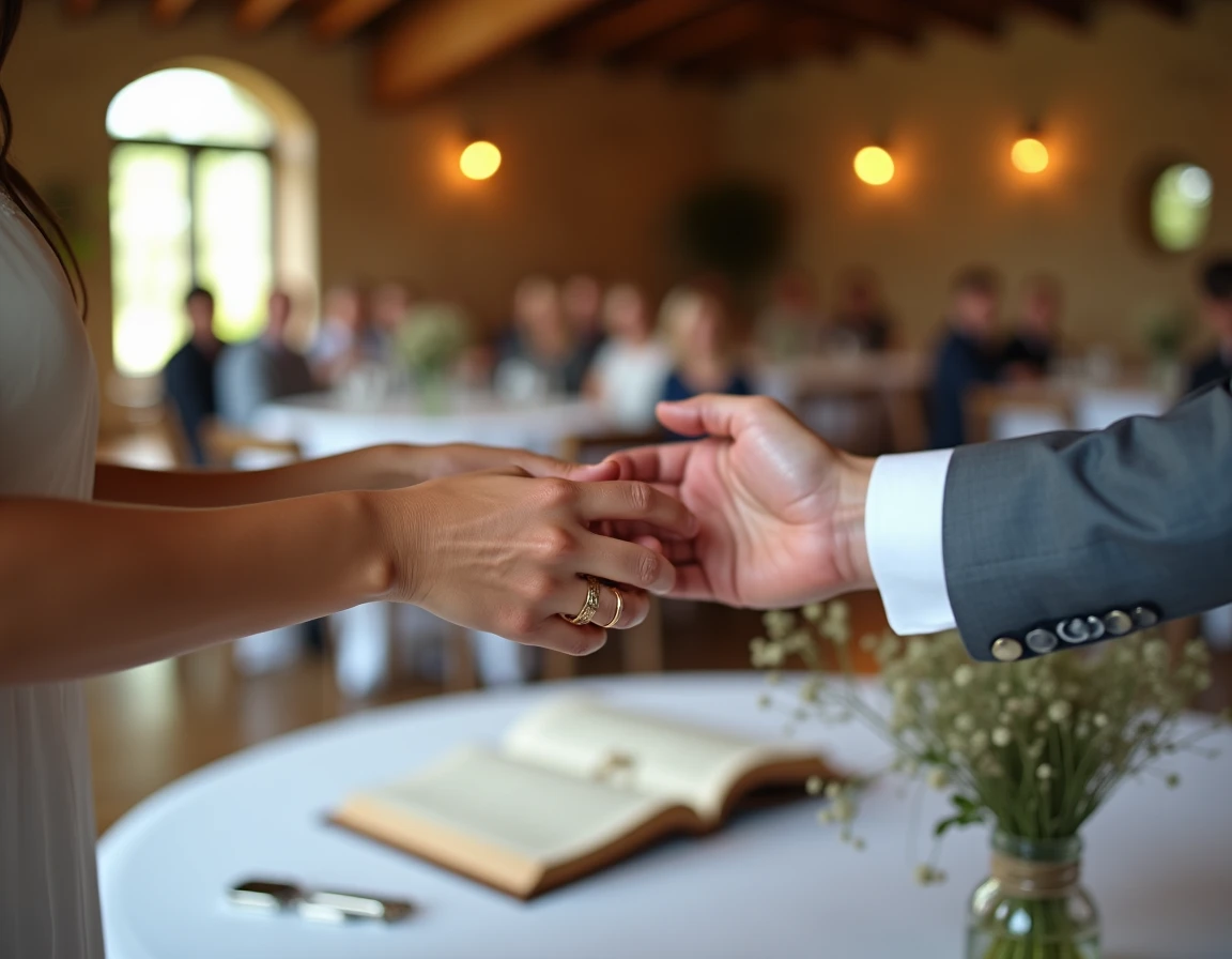 Échange des alliances en or lors d'un mariage républicain laïque, avec le ruban tricolore et le livret de cérémonie sur la table