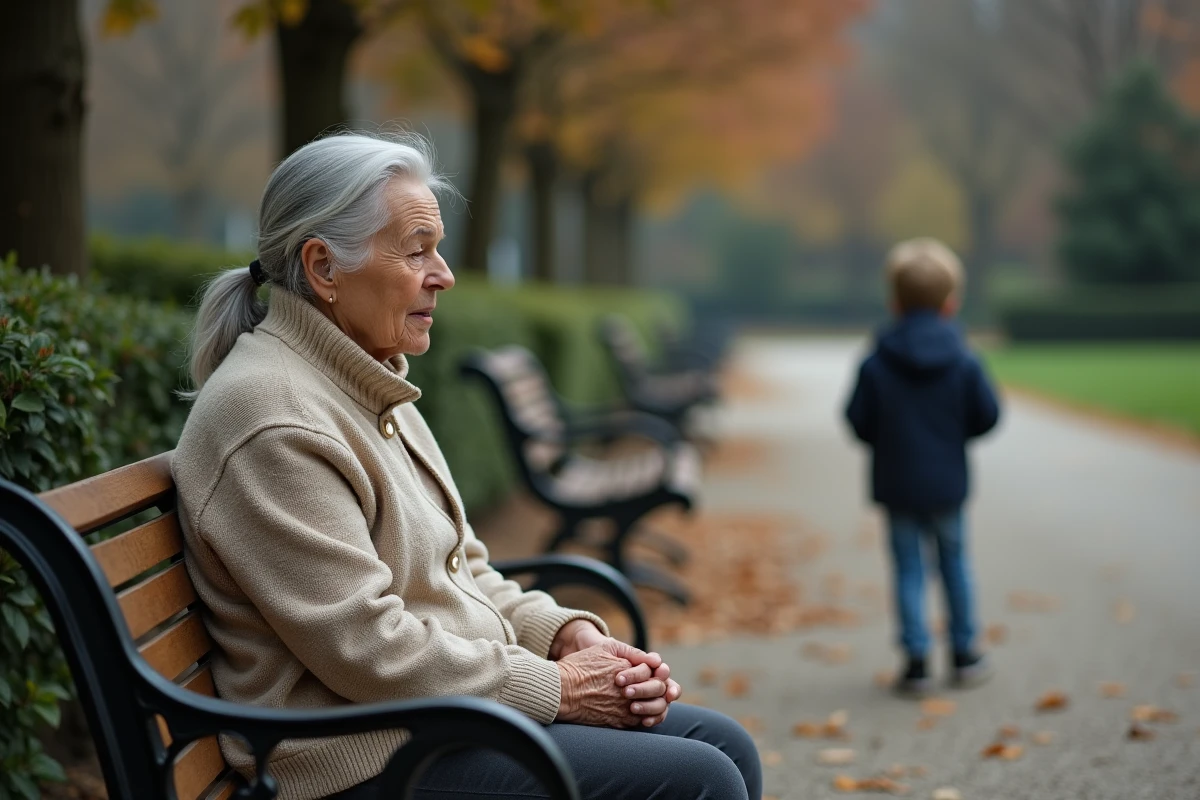 Enfant debout à distance d'une grand-mère à l'expression fermée dans un parc en automne, symbolisant la tension intergénérationnelle