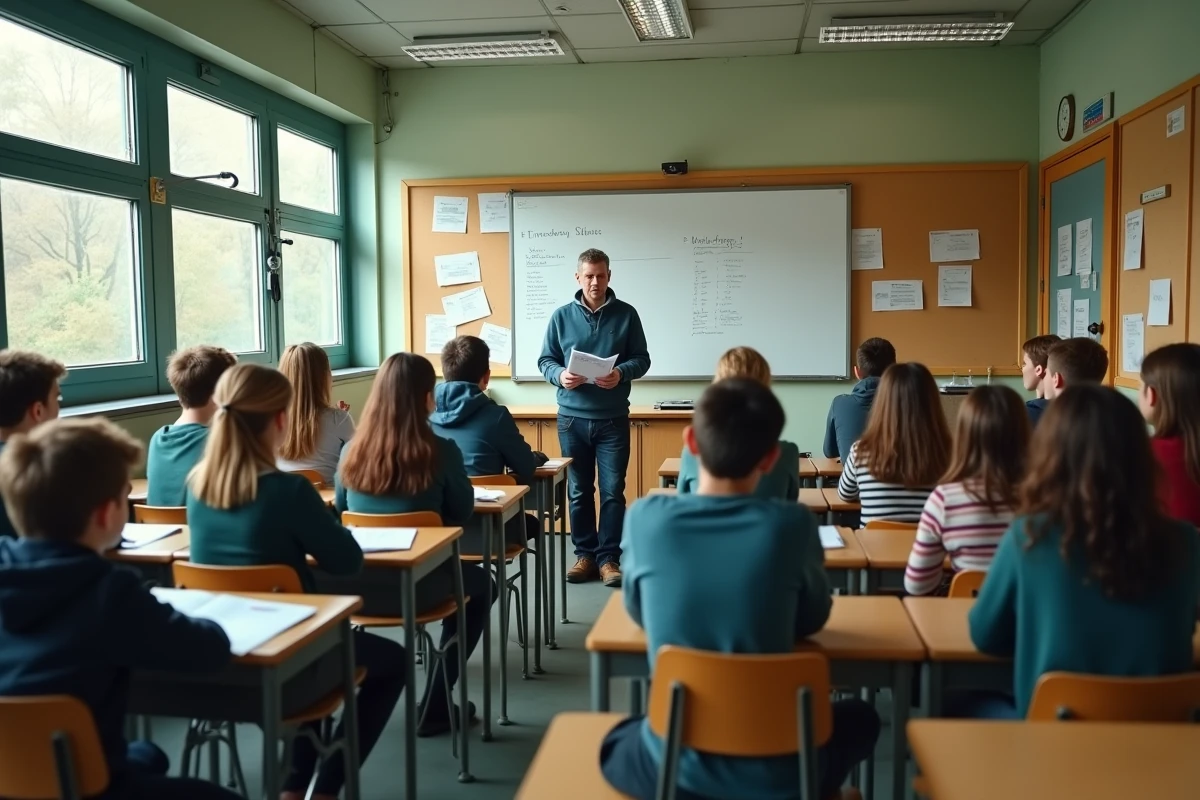 Enseignant présentant le projet de voyage scolaire à une classe de collégiens dans une salle de classe française