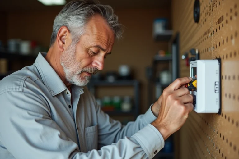 Homme changeant les piles d'un programmateur d'arrosage mural dans un garage domestique