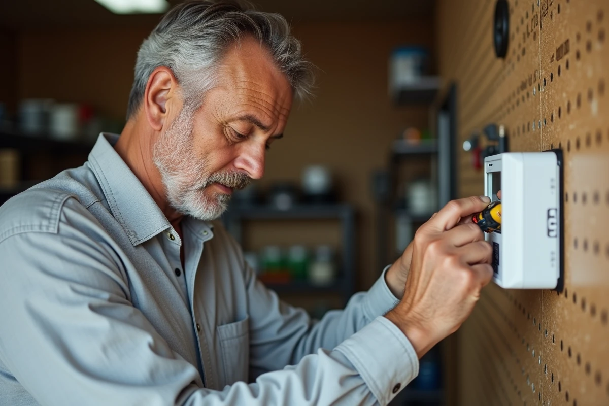 Homme changeant les piles d'un programmateur d'arrosage mural dans un garage domestique