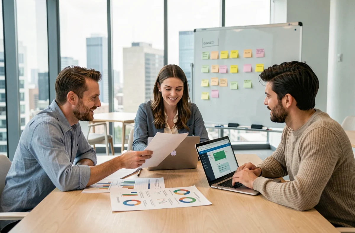 Équipe de professionnels en réunion discutant des services clients offerts par différents outils IA selon leur gamme de prix en 2024