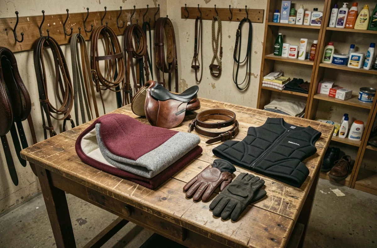 Équipement équestre complet disposé dans une sellerie en bois, selle, filet, protège-dos et accessoires pour cheval