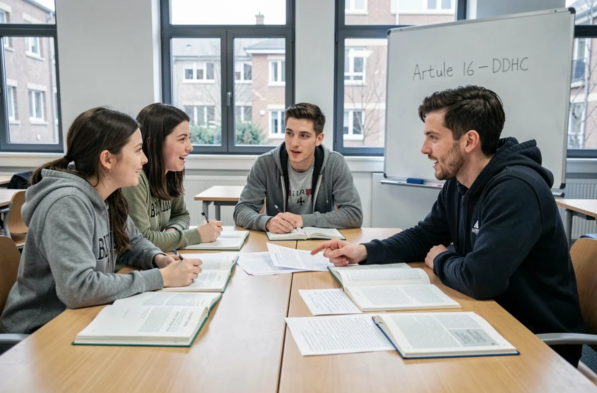 Étudiants en droit discutant de l'article 16 de la DDHC autour d'une table universitaire couverte de documents constitutionnels