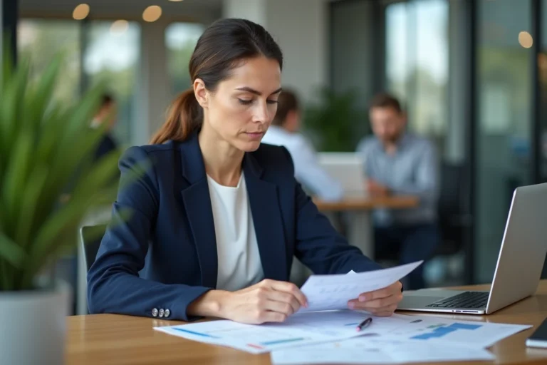 Femme cadre analysant des documents sur l'épargne salariale et le PEE dans un bureau moderne en 2024