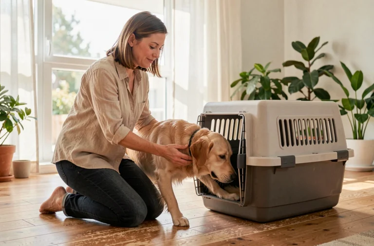 Femme aidant son chien golden retriever à entrer dans une caisse de transport en plastique dans un appartement moderne