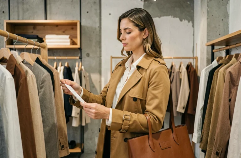 Femme élégante en trench camel explorant une boutique de mode parisienne minimaliste