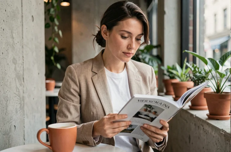 Femme élégante feuilletant un magazine lifestyle dans un café urbain moderne aux murs en béton et plantes vertes