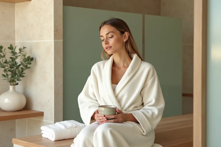 Femme en robe de bain blanche savourant une tisane dans un vestiaire de spa en pierre naturelle