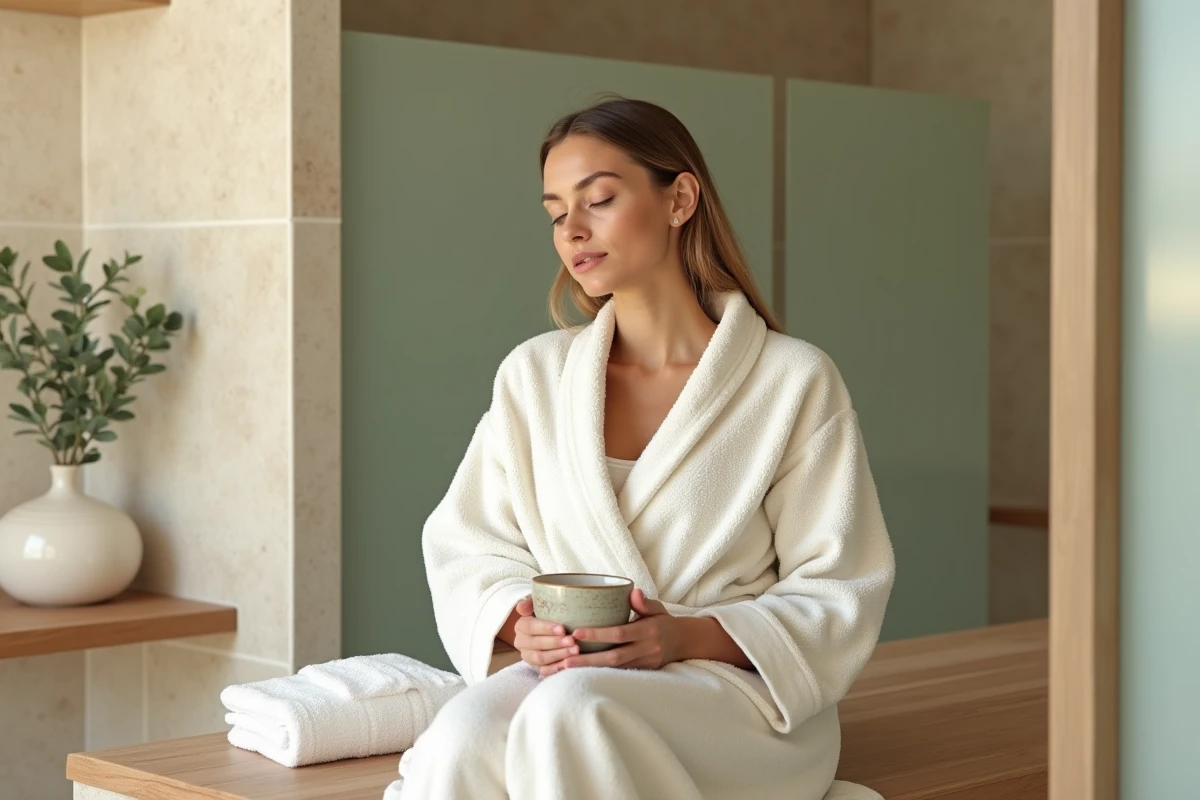 Femme en robe de bain blanche savourant une tisane dans un vestiaire de spa en pierre naturelle
