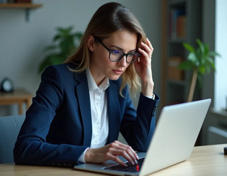 Femme professionnelle analysant une alerte de sécurité informatique sur son ordinateur portable dans un bureau à domicile moderne