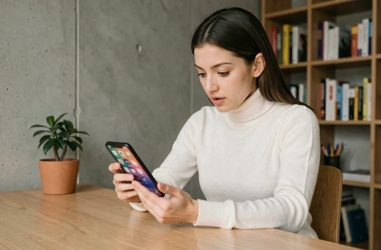 Femme utilisant un smartphone pliable innovant dans un bureau moderne et minimaliste, illustration des tendances high tech