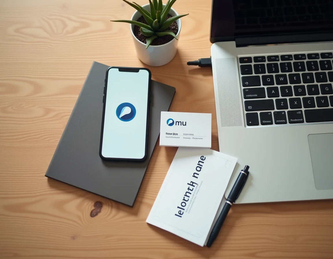 Vue aérienne d'un bureau avec carte de visite, smartphone et ordinateur affichant une nouvelle identité visuelle de marque rebranding