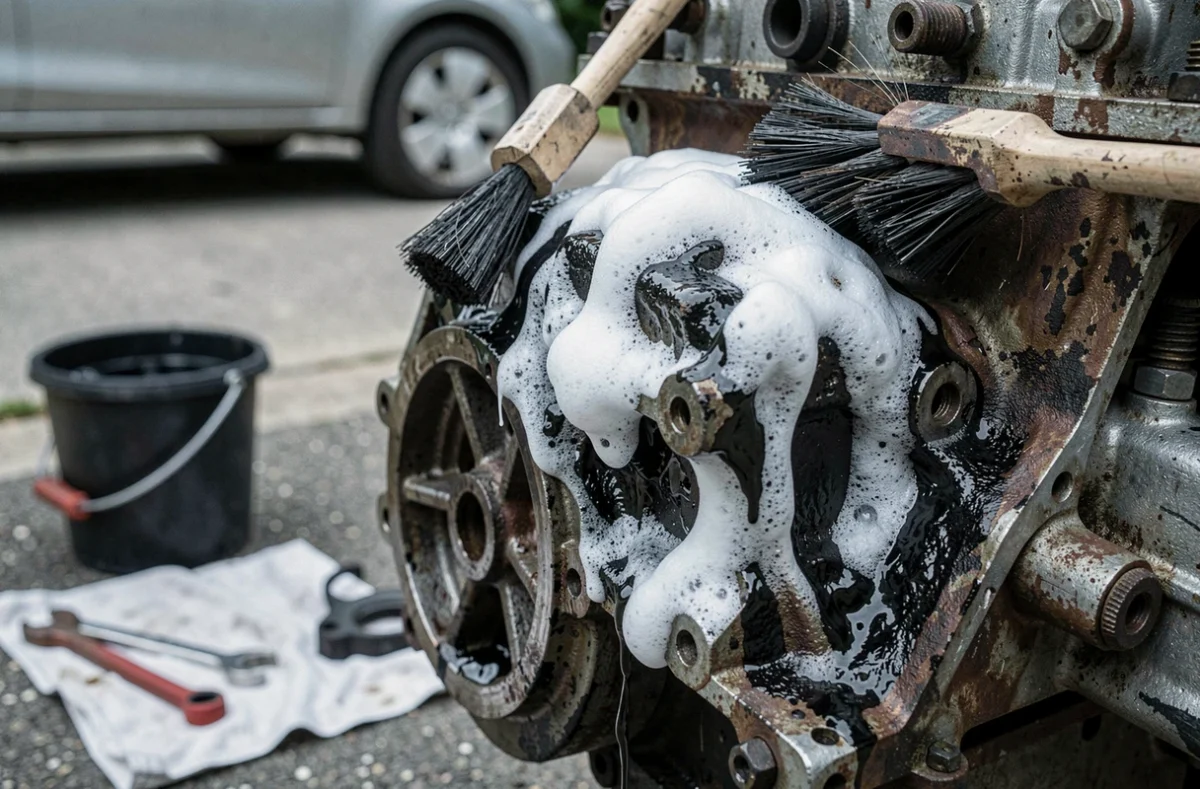 Gros plan d'un moteur encrassé en cours de nettoyage avec un dégraissant chimique dissolvant les dépôts d'huile