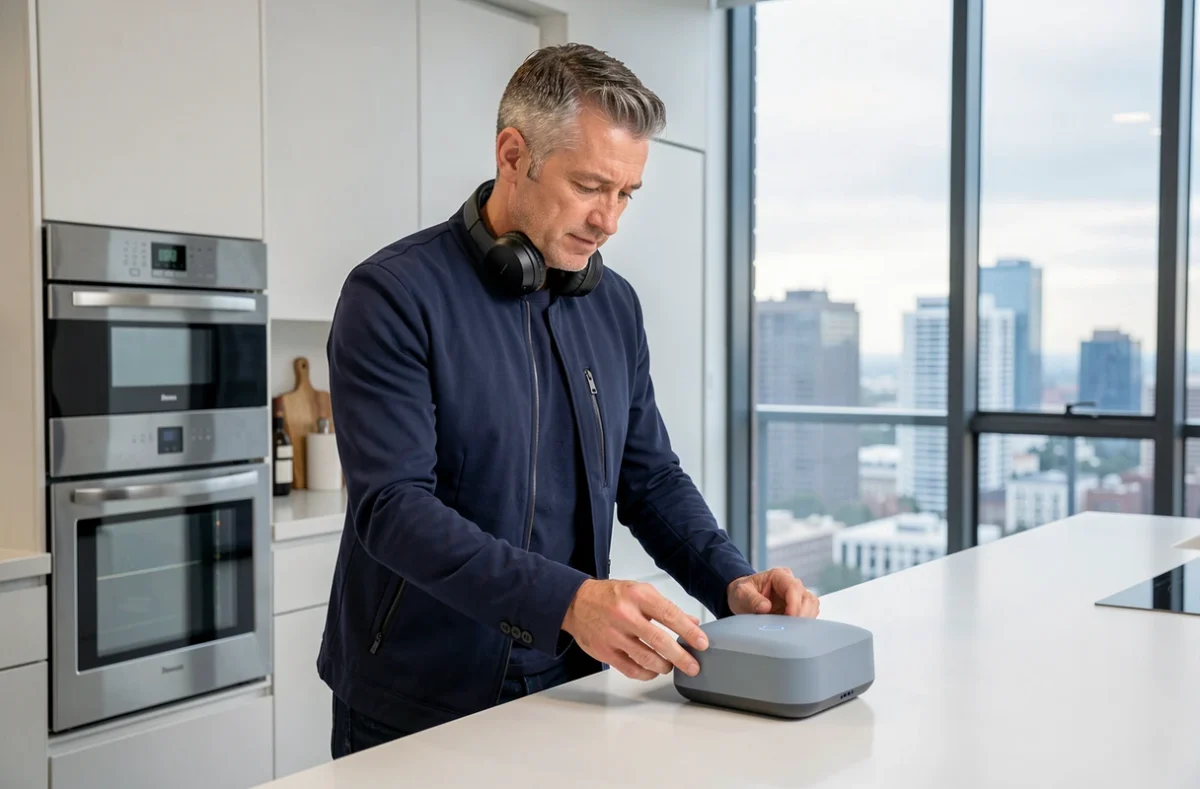 Homme testant un assistant domotique intelligent dans une cuisine contemporaine, tendances technologiques high tech