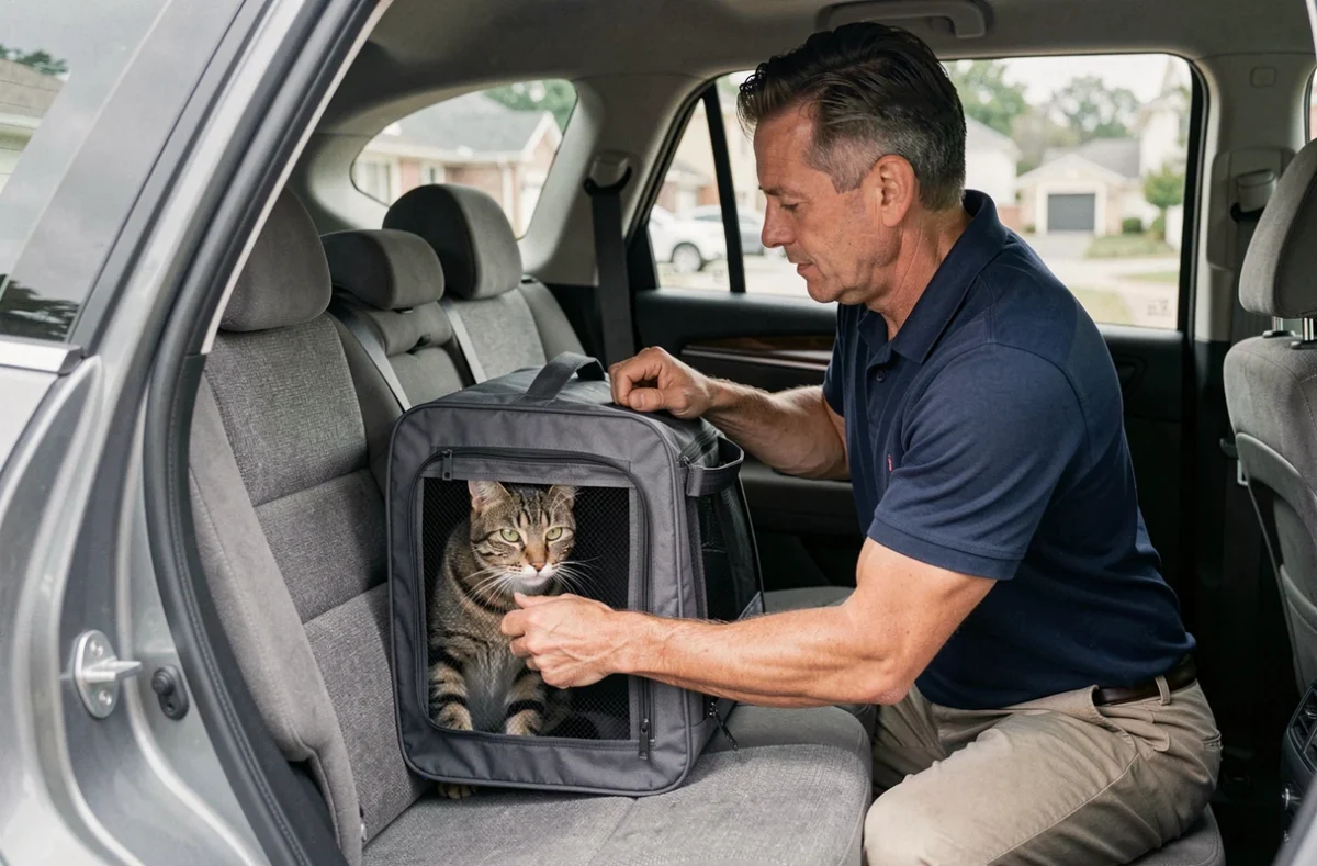 Homme installant un sac de transport pour chat sur le siège arrière d'un SUV familial avec ceinture de sécurité