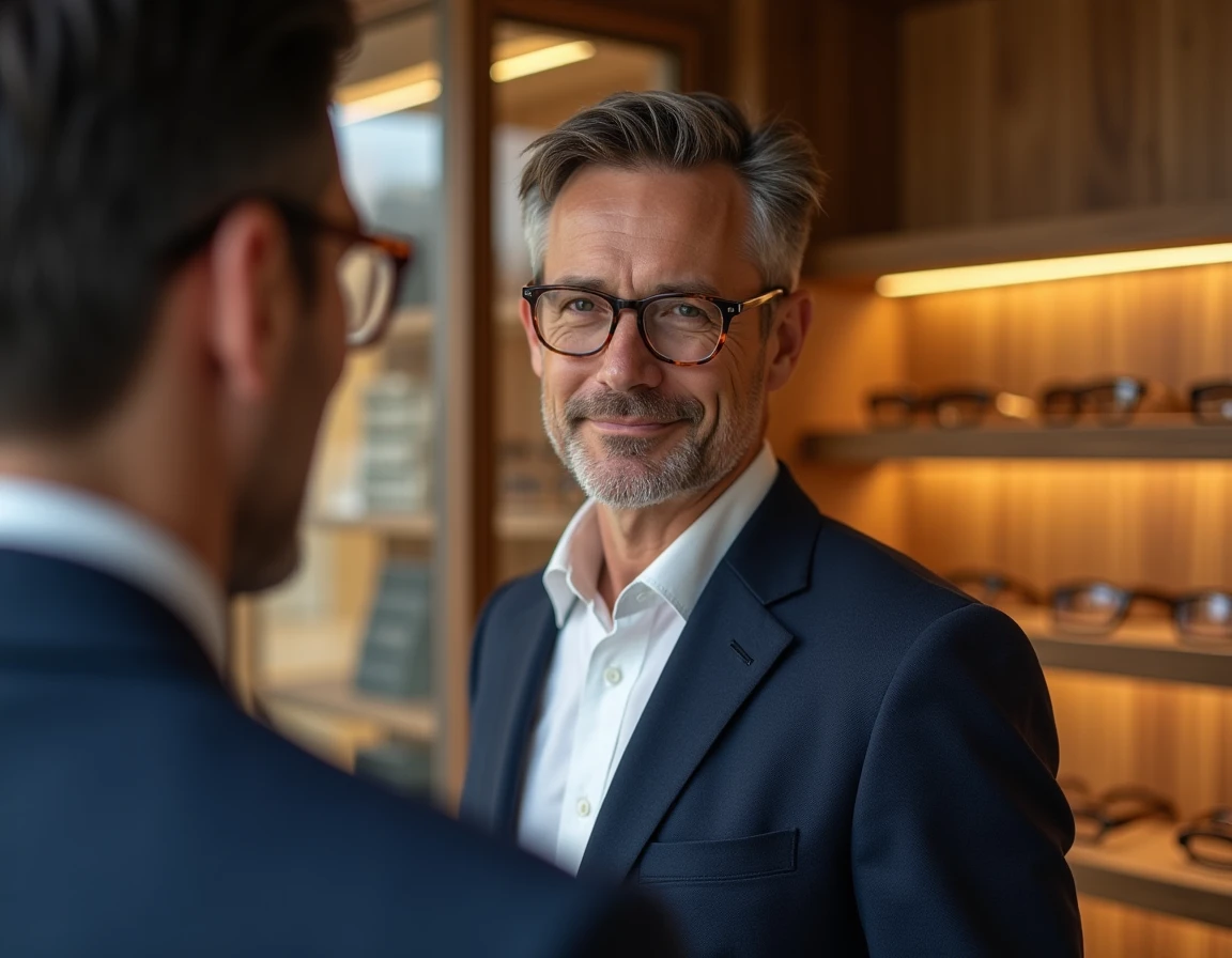 Homme essayant des lunettes écaille dans une boutique d'optique pour un regard plus lumineux malgré les cernes