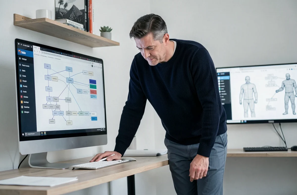 Un homme debout examine un diagramme de sitemap sur son écran dans un bureau minimaliste à domicile