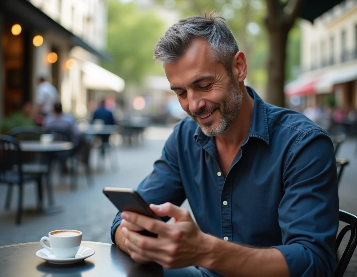 Homme consultant les soldes Hermès en ligne sur son smartphone en terrasse de café parisien