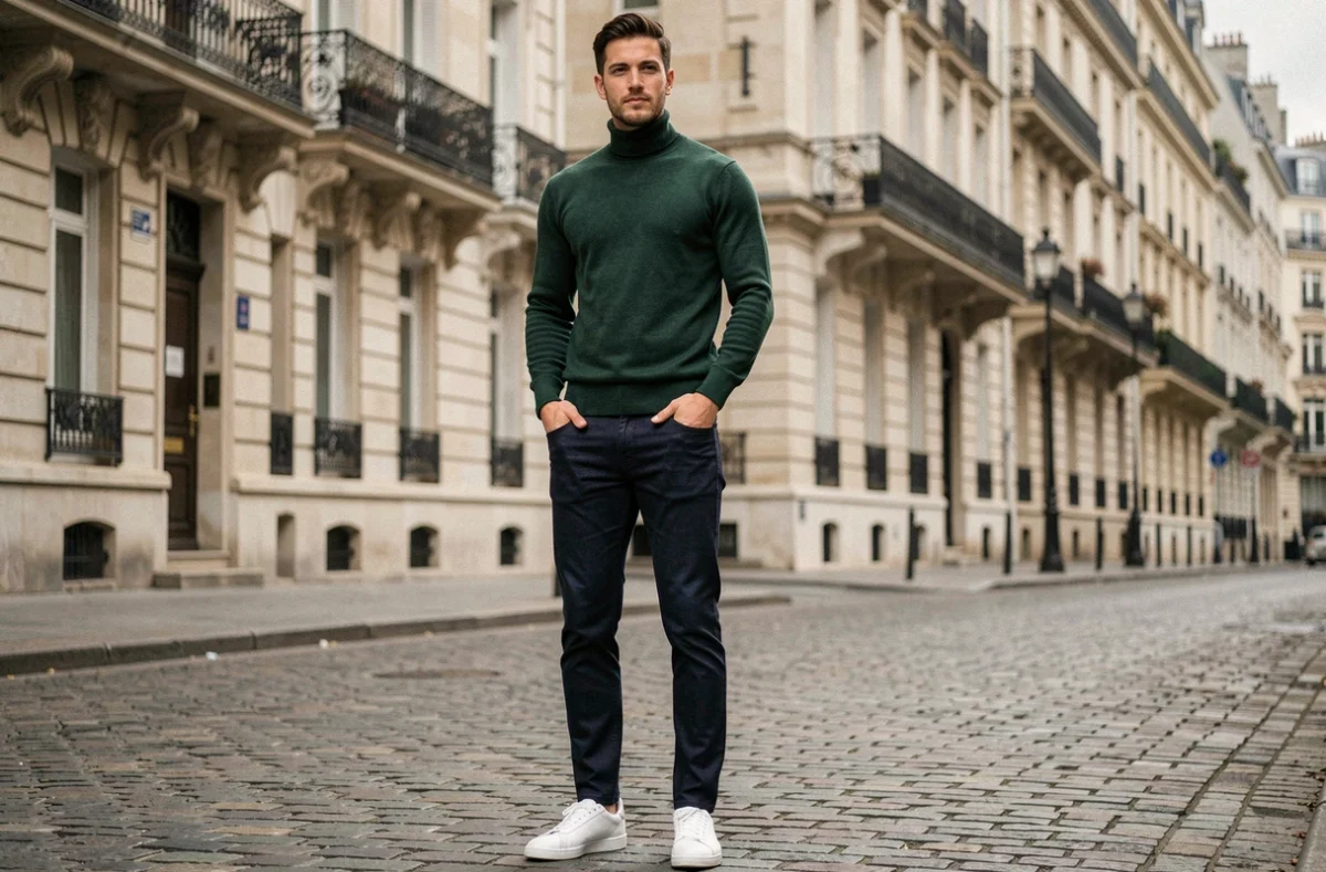 Homme stylé en tenue tendance posant dans une rue pavée européenne pour un shooting mode urbain