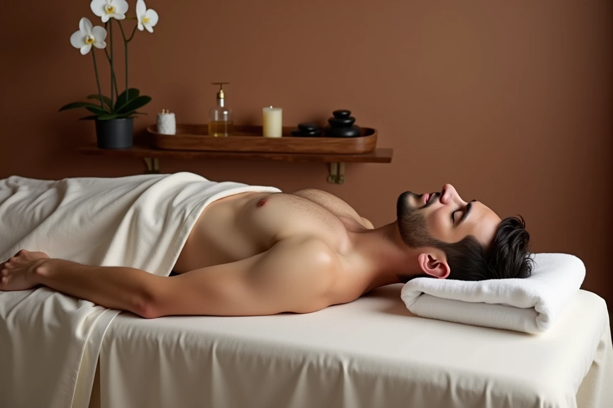 Homme allongé sur une table de massage dans une cabine de soin spa minimaliste aux tons terreux