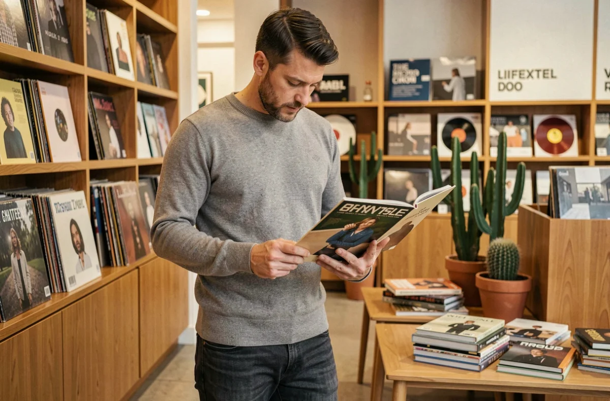 Homme explorant des vinyles dans un concept store lifestyle et musique au décor minimaliste et chaleureux
