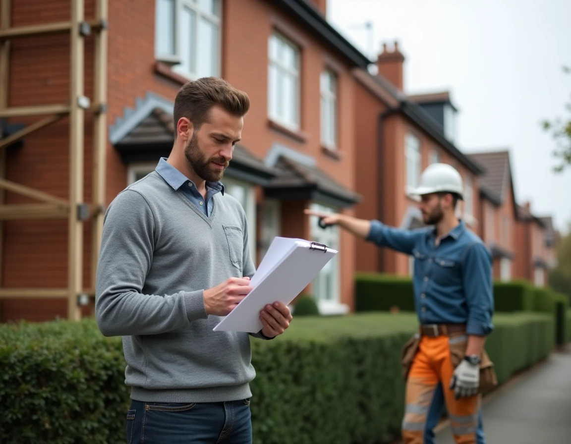 Propriétaire inspectant l'état d'une maison en rénovation avec un entrepreneur du bâtiment
