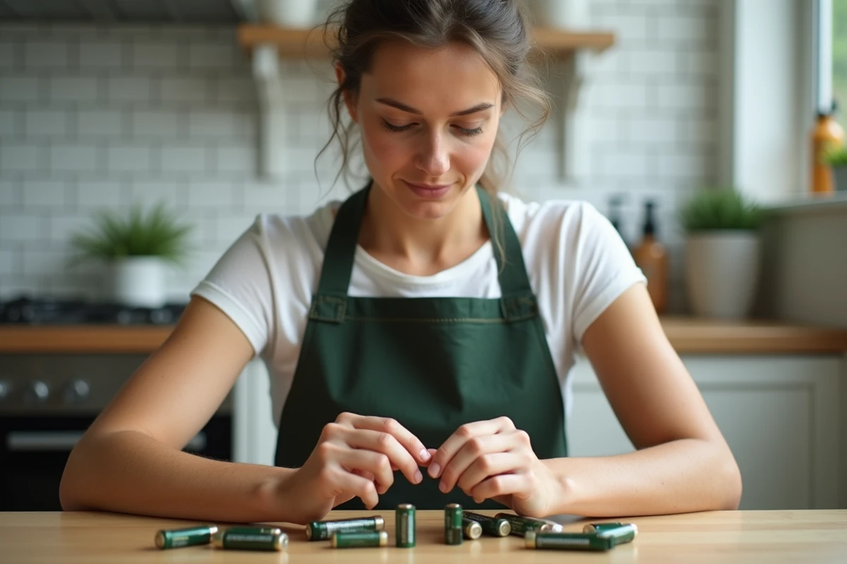 Femme inspectant des piles AA usagées et neuves sur une table de cuisine pour optimiser leur durée de vie