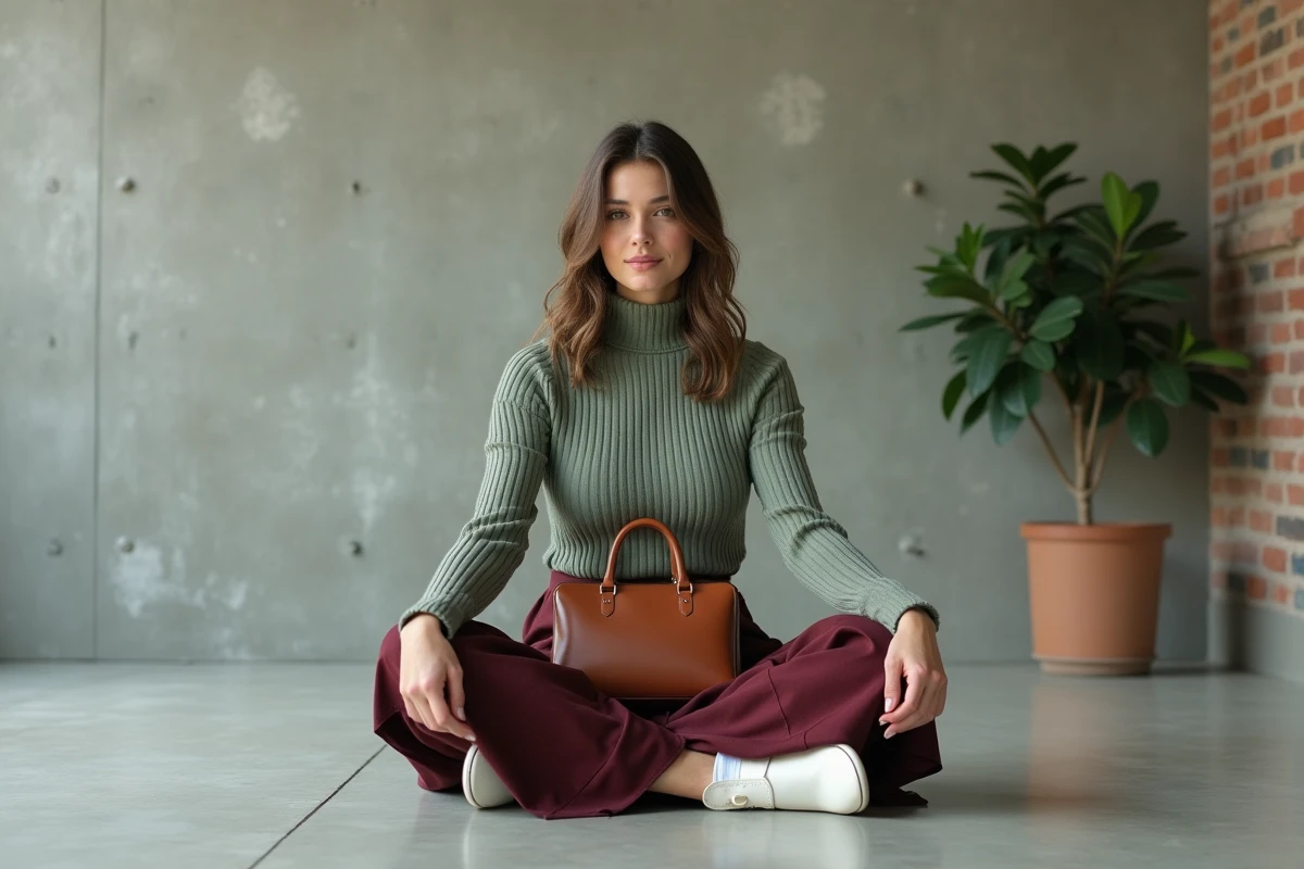Femme assise en pull col roulé vert sauge et jupe midi bordeaux dans un studio minimaliste, inspiration mode femme automne-hiver