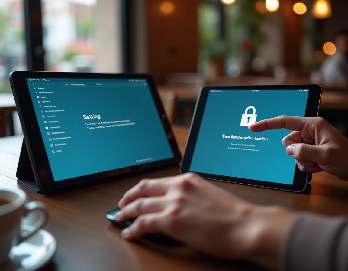 Mains d'un adulte configurant les paramètres de sécurité sur une tablette et une souris sans fil dans un café urbain