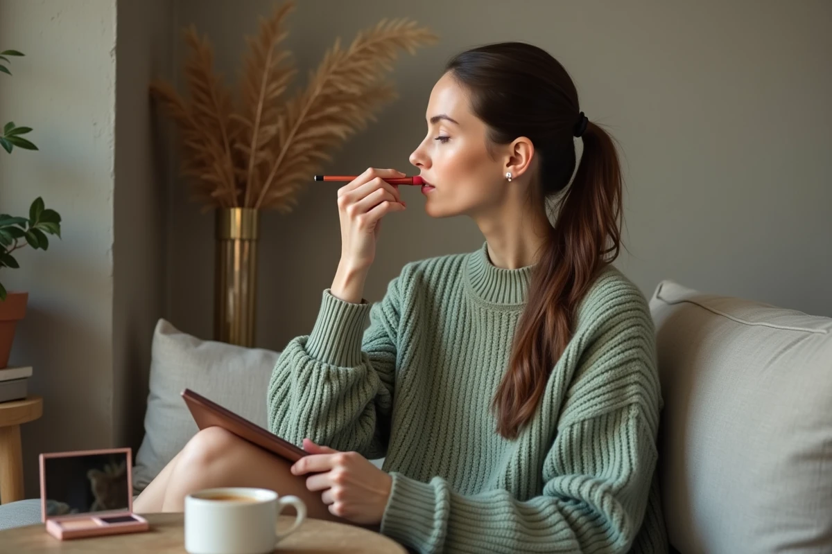 Jeune femme appliquant un rouge à lèvres corail dans un intérieur scandinave cosy lors d'une routine maquillage à domicile