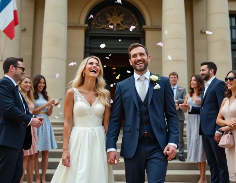 Couple souriant devant la mairie lors d'un mariage républicain laïque, entouré de confettis et de proches en tenue estivale