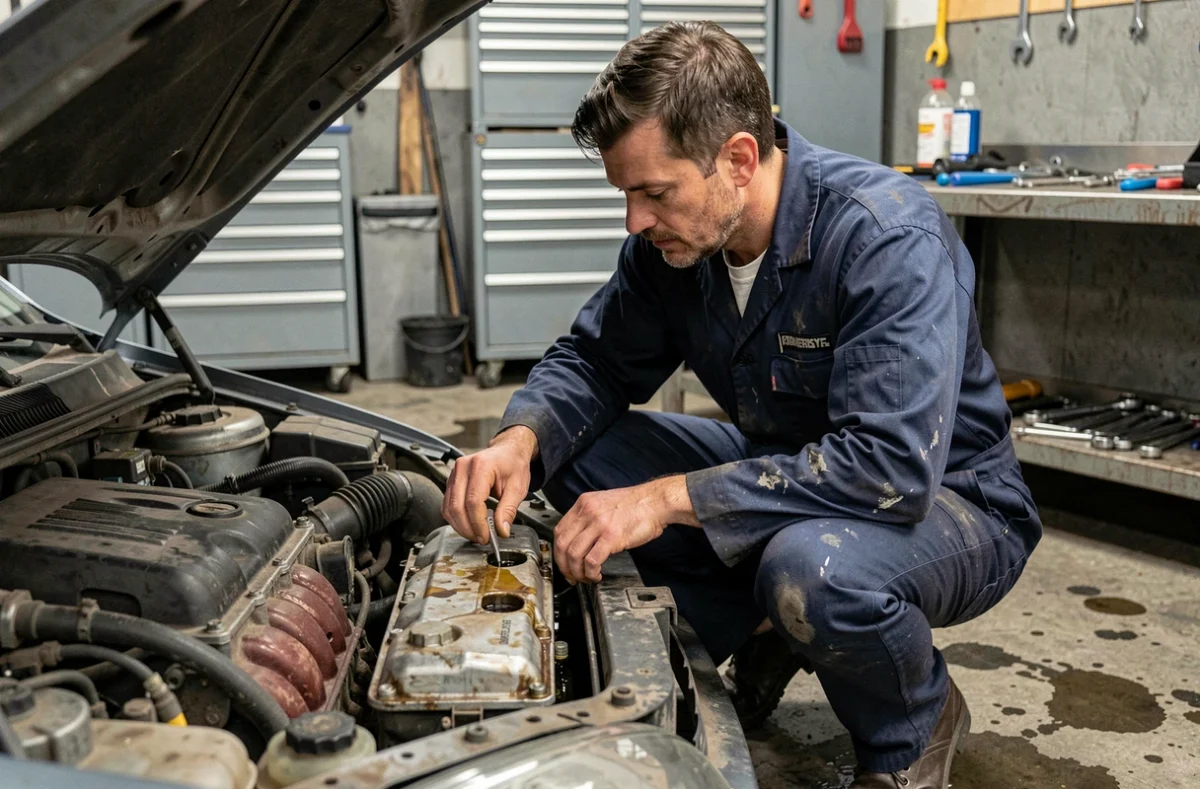 Mécanicien inspectant un moteur encrassé par l'huile dans un atelier automobile