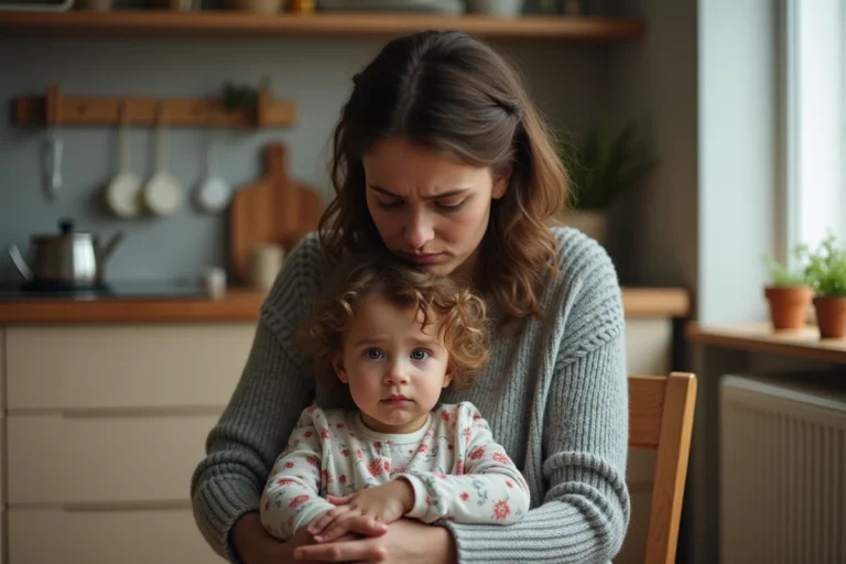 Mère protectrice tenant sa petite fille dans ses bras dans une cuisine familiale, illustrant la protection parentale face à une relation toxique
